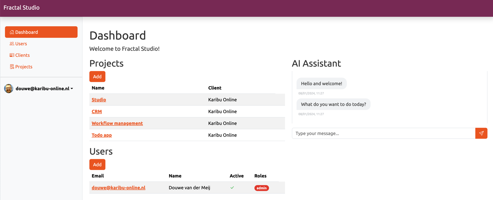 Screenshot of the Fractal Studio dashboard